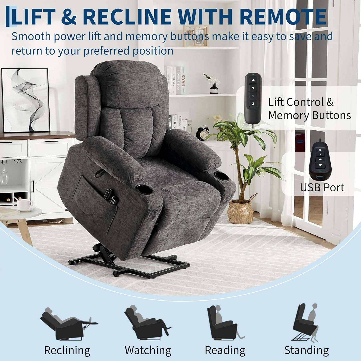 Garvee Large Power Lift Recliner Chair with Heat and Massage, 2 Cup Holders & Side Pocket, USB Port, Electric Lift Recliner for Elderly & Mobility Impaired, Chenille Gray