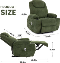 Garvee Electric Recliner Chair with Massage and Heat, Ultra-Comfortable 135° Adjustable Reclining Sofa for Living Room & Bedroom, with Cup Holders & Pockets, Corduroy Green