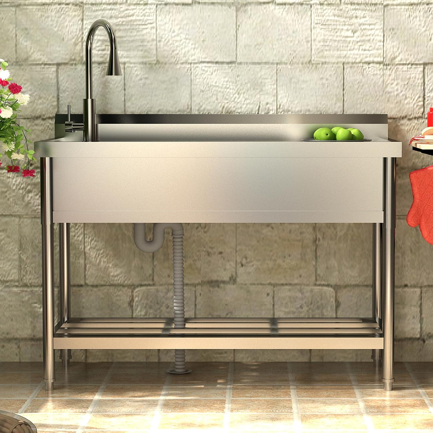 Garvee 47"W x 20"D x 37"H Stainless Steel Utility Sink - Free Standing Single Bowl with Cold & Hot Water Faucet for Kitchen, Laundry Room, Restaurant, Garage, Garden