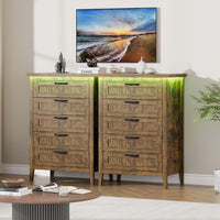 Garvee 5 Drawer Dresser for Bedroom with Charging Station and LED Lights, Farmhouse 44.9" Tall Chest of Dresser with Large Storage for Living Room, Hallway & Entryway, Rustic Brown