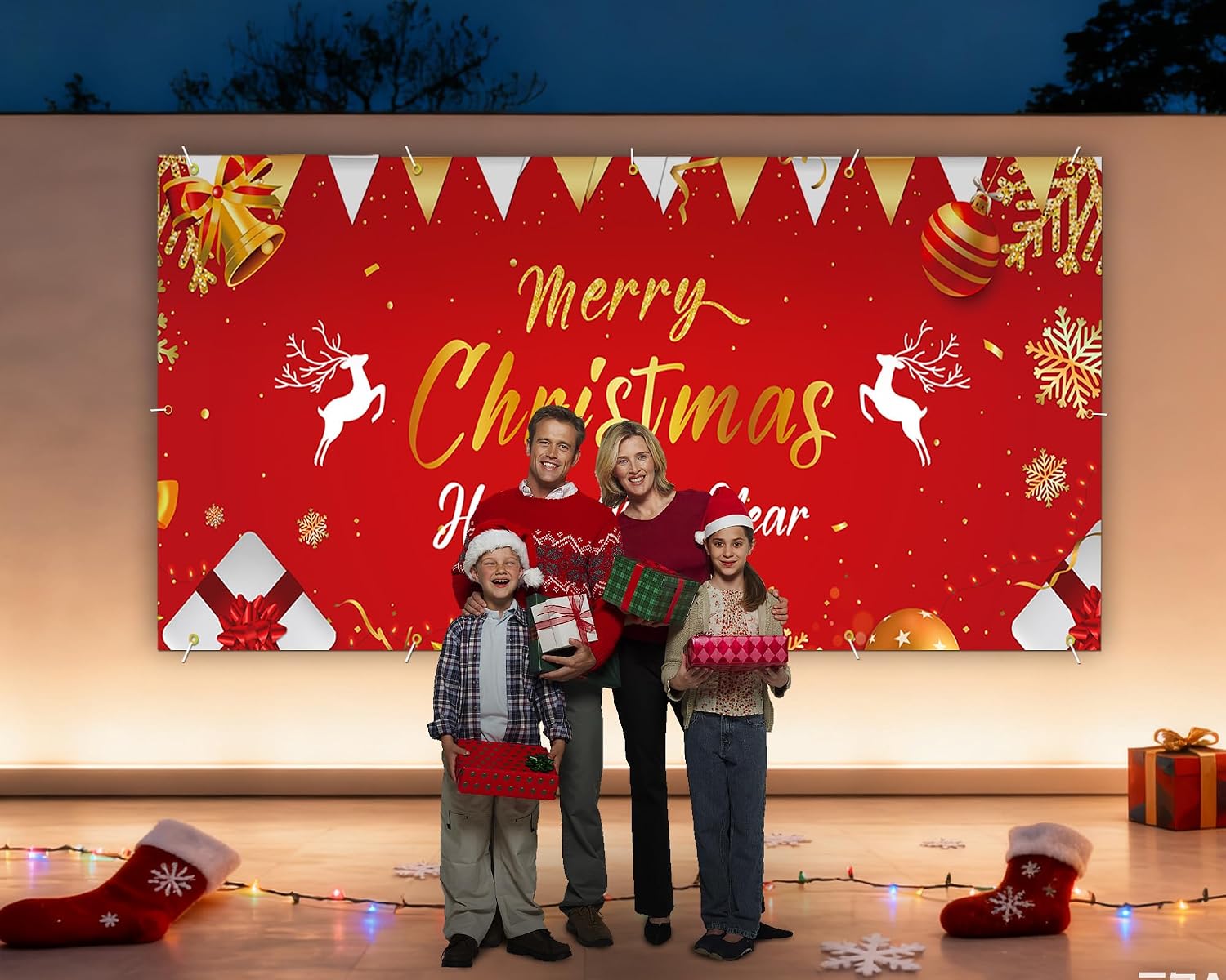 Christmas Garage Buddy Door Cover 7x16 ft, New Year & Xmas Holiday Garage Door Banner with 4x19.7 ft Ropes, Christmas Decoration Backdrop for Wall Party Celebration, Red