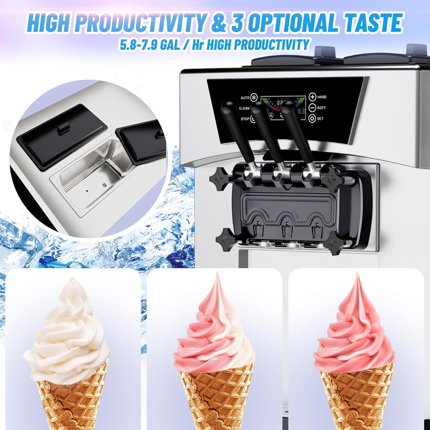 Garvee 2200W Commercial Soft Serve Ice Cream Machine - 8Gal/H High Output, 3-Flavor Mix & Auto-Clean for Cafes, Food Trucks, Snack Bars (LCD Display, 65dB Quiet)