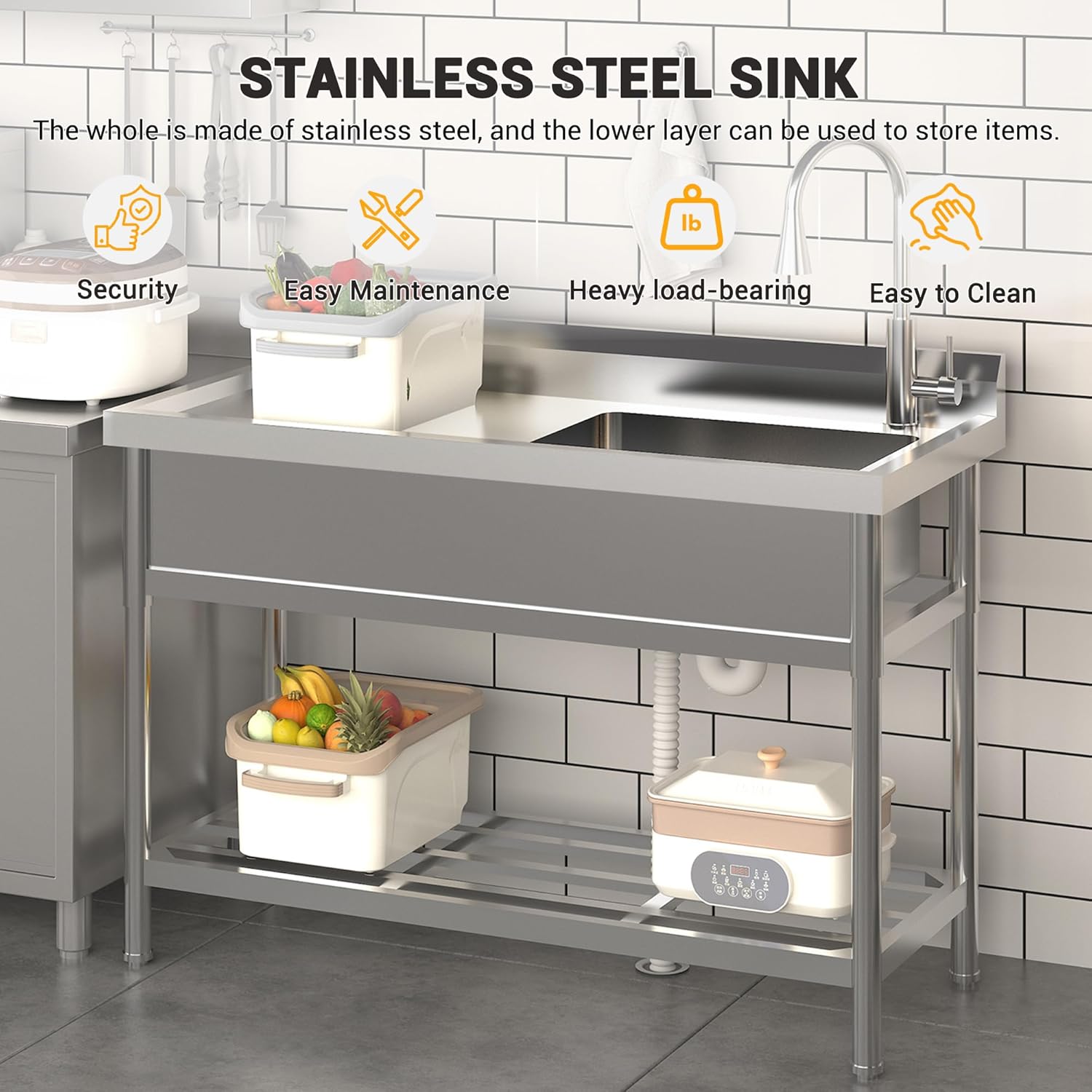 Garvee 47"W x 20"D x 37"H Stainless Steel Utility Sink - Free Standing Single Bowl with Cold & Hot Water Faucet for Kitchen, Laundry Room, Restaurant, Garage, Garden