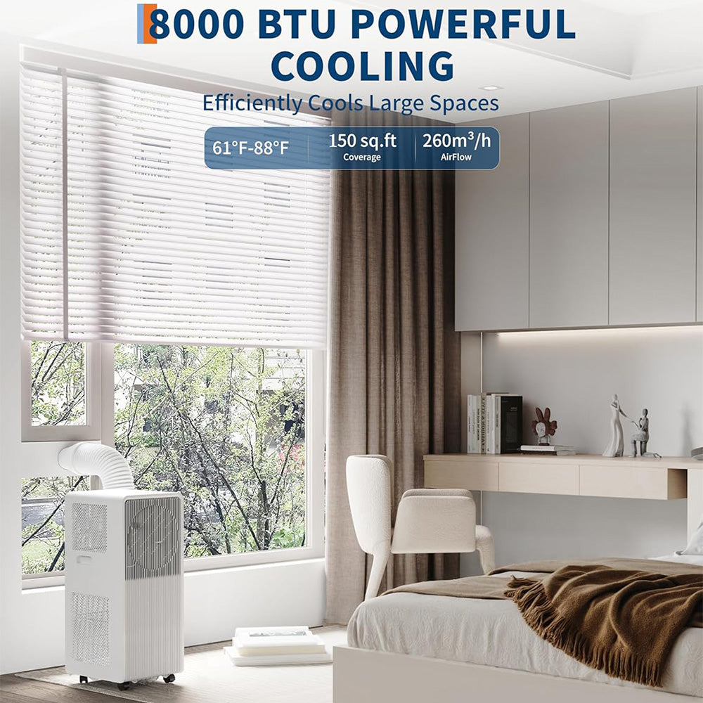 Garvee 8,000 BTU Drainage-free Portable Air Conditioner for Indoor Rooms, 3-In-1 AC Unit for Bedroom 150 Sq.Ft, Dehumidifier, Fan, Sleep Mode, 24 Timer, Remote Control, Window Kits Included