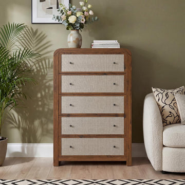 Garvee Tall 5-Drawer Dresser Chest for Bedroom, 47" Narrow Storage Organizer - Sturdy Wood Frame - Linen Drawer Fronts - Anti-Tip Kit, Walnut
