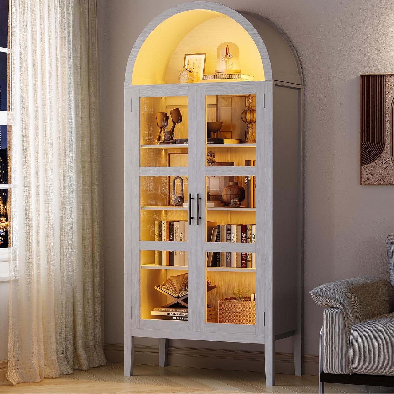 Garvee 71" Tall Arched Storage Cabinet with 3 Color Lights, 5-Tier Display Cabinet with Glass Doors & Adjustable Shelves, Morden Versatile Arched Bookshelf for Home Office, Living Room, White