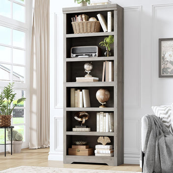 Garvee 6 Tier Bookshelf, 75" Tall Farmhouse Bookcase with Adjustable Shelves, 23.6" W Floor Standing Open Display Storage Rack with Anti-Slip Design for Home Office, Balcony, Library, Study / Living Room, Gray