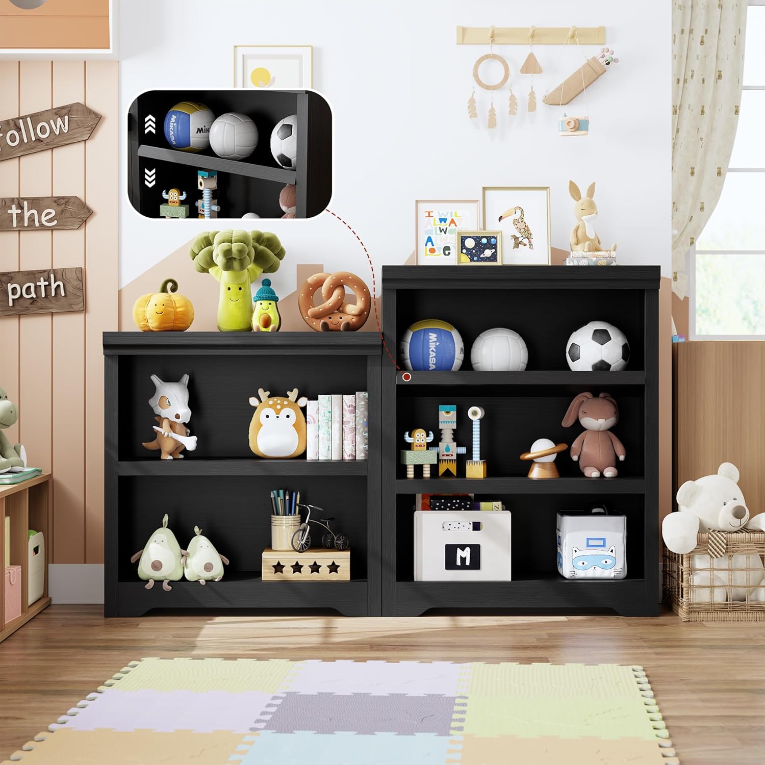Garvee 3 Tier Bookshelf, 39.4" Tall Farmhouse Bookcase with Adjustable Shelves, 31.5" W Floor Standing Open Display Storage Rack with Anti-Slip Design for Home Office, Balcony, Library, Study / Living Room, Black