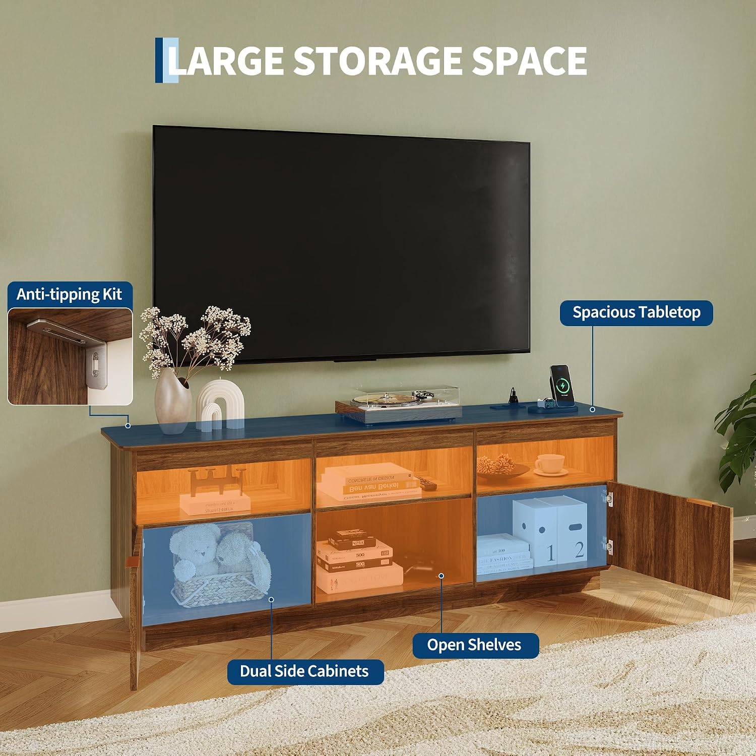 Garvee 70 Inch Fluted TV Stand for TVs Up to 80", Mid Century Modern Entertainment Center with Power Outlet & LED Light, Wood Media Console with Storage Cabinets, Walnut