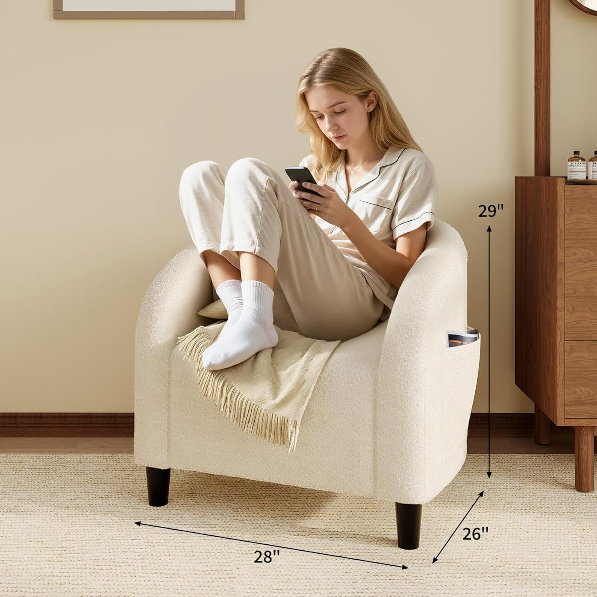 Garvee Accent Barrel Chair Boucle Club Chair with Sherpa Upholstery, Ergonomic Support, Durable Plastic Legs, Easy Assembly, for Living Room Bedroom, Beige