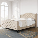Garvee Queen Bed Frame with Headboard and Footboard, Velvet Upholstered Queen Size Bed Frame with Button Tufted Wingback Headboard, Wooden Slat Support, No Box Spring Needed, Beige - Beige