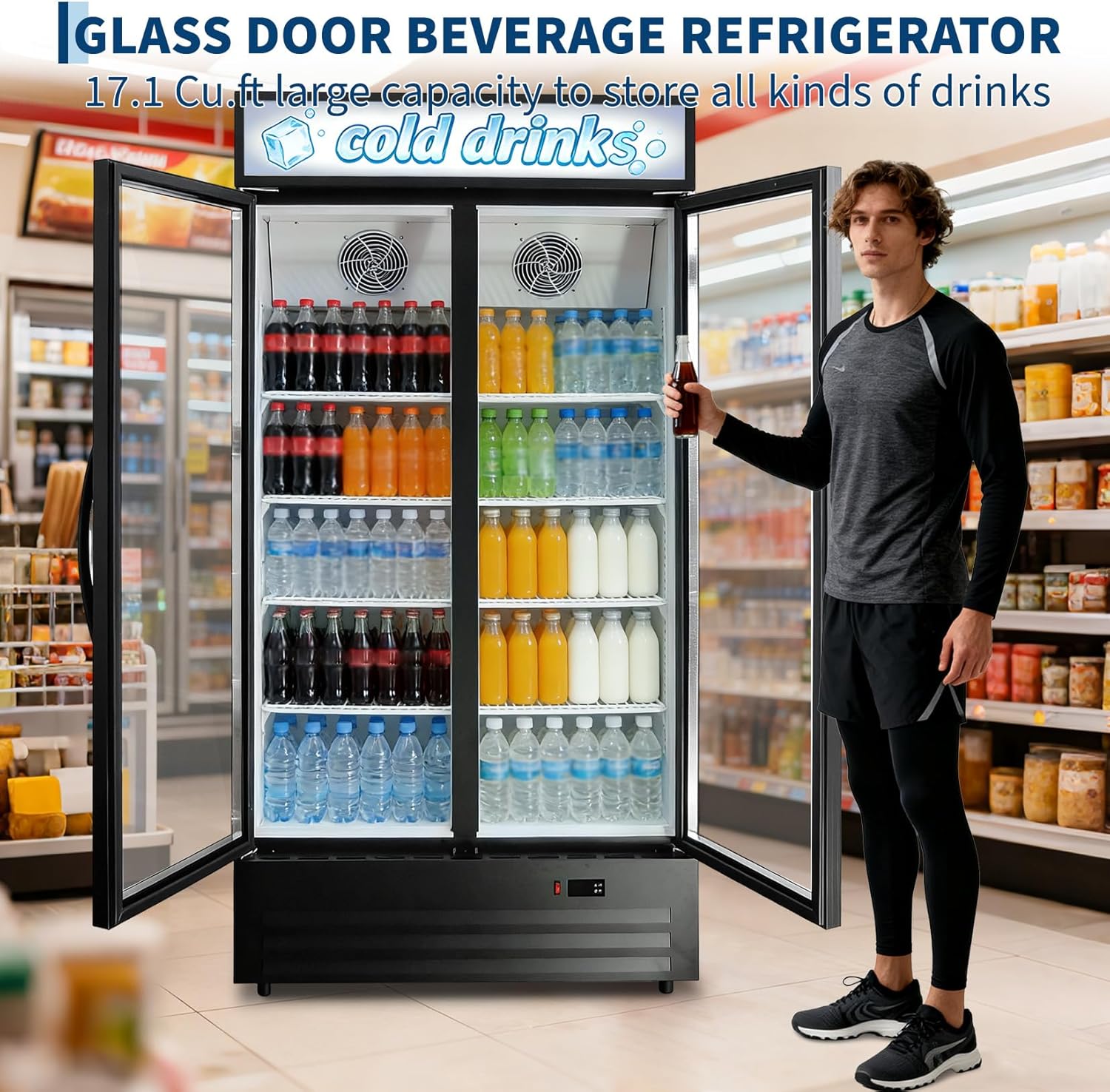 GARVEE 34.8 Cu.ft Double Door Commercial Beverage Cooler - 580-Can Glass Display Fridge | Frost-Free Air-Cooled, RGB Lights, Adjustable Shelves | for Bar/Restaurant/Store (Black)
