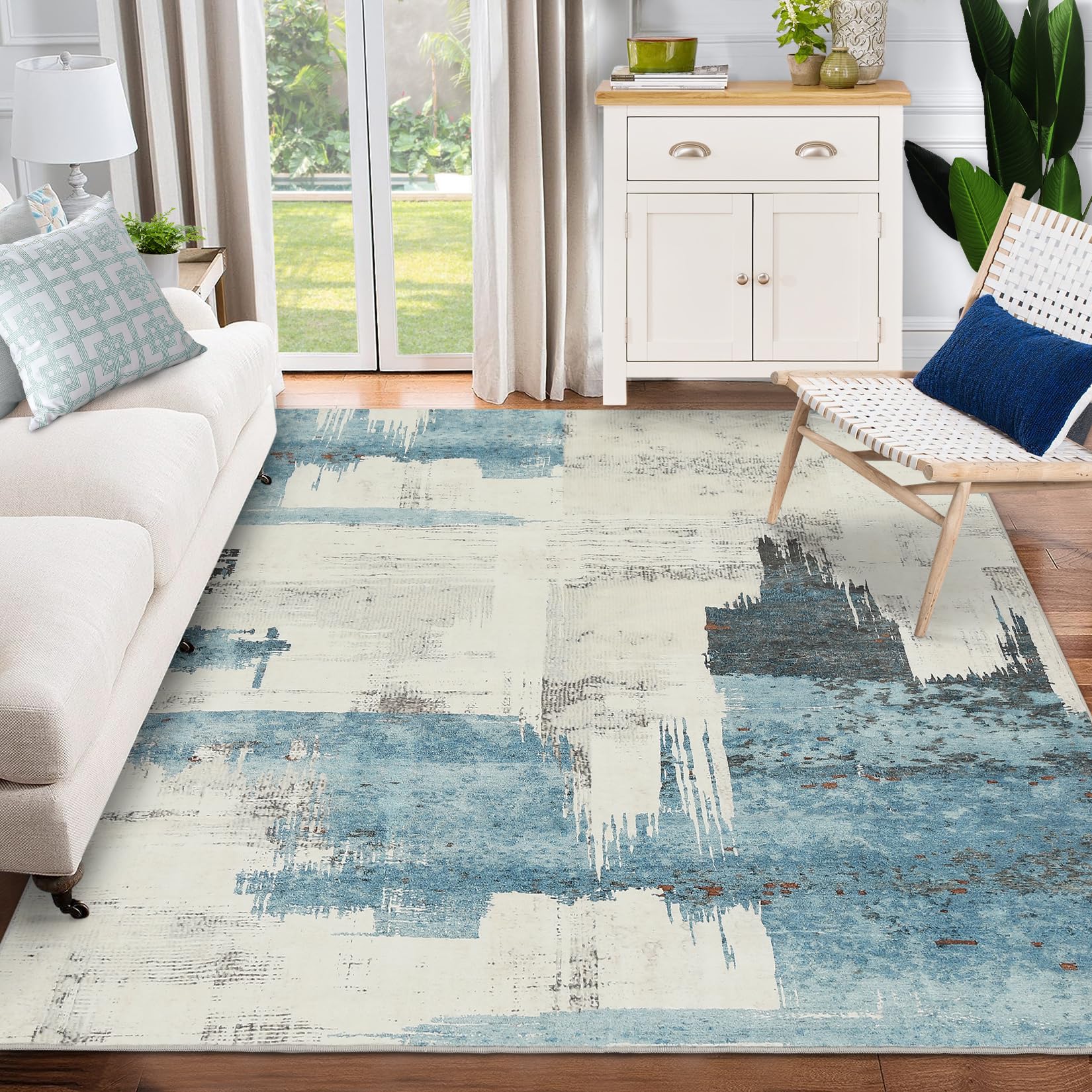 GARVEE Modern Abstract Beige Blue Area Rug - Stylish, Stain Resistant ...