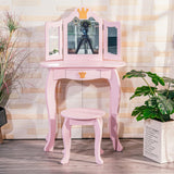 Garvee Kids Vanity, Girls Vanity Table with Tri-Folding Mirror,Stool & Drawer, 2 in 1 Wooden Princess Makeup Desk Dressing Table, Toddler Vanity,Pretend Play Vanity Set for Kids - Pink With Crown