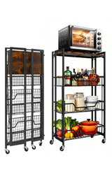 Garvee Large 4-Tier Foldable Storage Cart with Lockable Casters for Kitchen and Garage, 19.69"L x 9.84"W x 38.98"H, Wood Finish