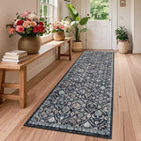 Garvee Washable 2x6 Rug Low Pile Indoor Runner Rug Navy Vintage Distressed Non Slip - Navy Blue