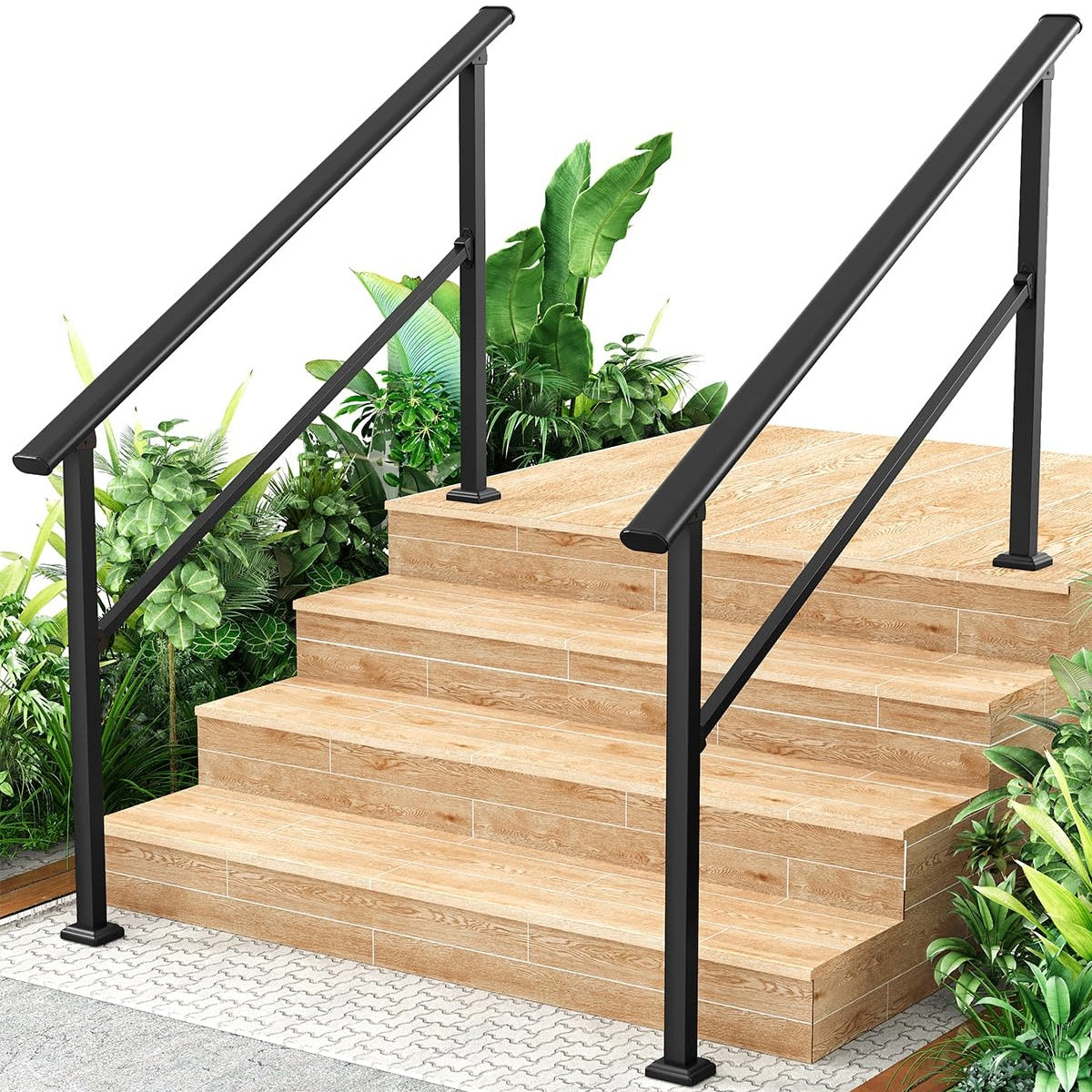Garvee Hand Rails for Outdoor Steps, Metal Stair Railing Handrail, 5 Step，2 Pack, Black