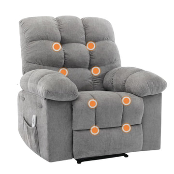 Garvee Recliner Chair with Massage and Heat, Single Sofa Wide Rocker Chair, Heat Ergonomic Overstuffed Breathable Fabric Reclining Chair with 2 Side Pockets, Remote Control, Living Room, Gray