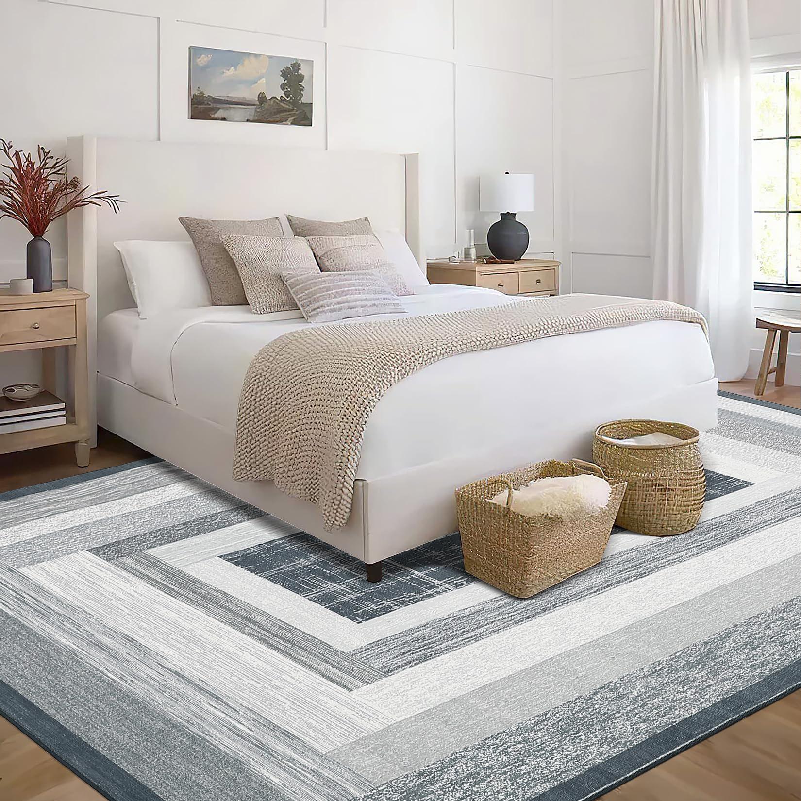 8x10 area rug with non-slip and easy-care design for contemporary lounge space in layered gray and navy blocks
