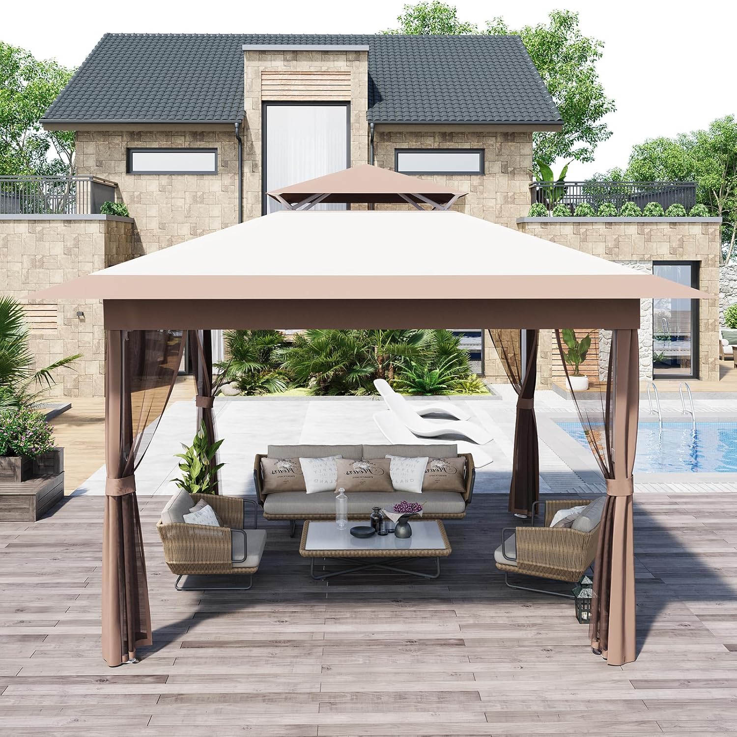 Garvee Pop Up Gazebo Patio Gazebo 11x11 Outdoor Gazebo with Mosquito Netting Outdoor Canopy Shelter with Double Roof Ventiation 121 Square Feet of Shade for Lawn, Garden, Backyard and Deck, Brown