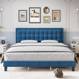 Garvee Queen Upholstered Platform Bed with Button Tufted Headboard, Metal Foundation, Wood Slats, Adjustable, Noise-Free, Blue - Blue