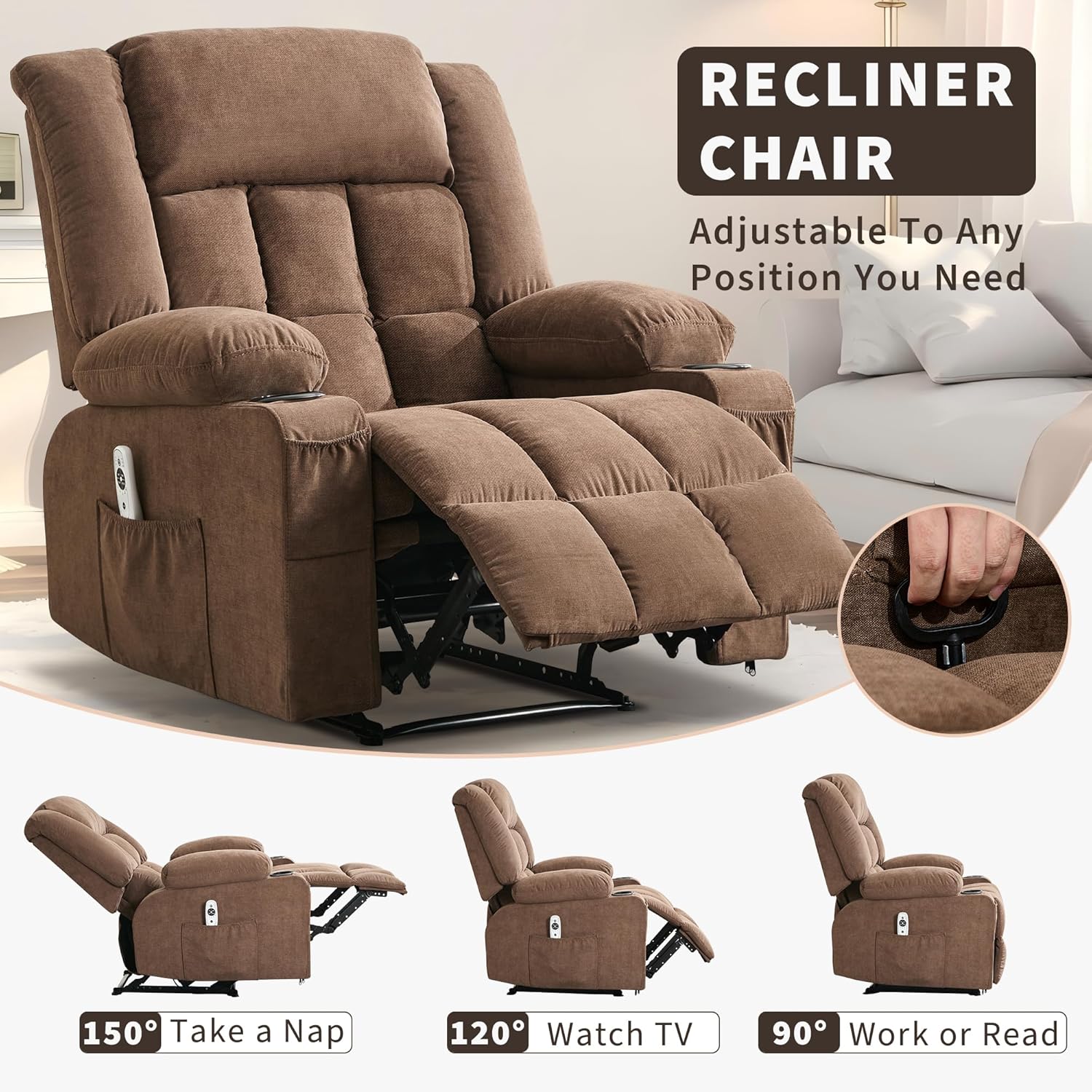 Garvee Manual Recliner Chair with Heat Massage, Widen Overstuffed Oversize Single Sofa Lounge Chair for Big & Tall People with Remote Control 3 Recline Positions 2 Cup Holders Side Pockets, Brwon