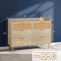 Garvee 6 Drawer Rattan Dresser, Narrow Wicker Chest of Drawer with Railed Edge, Metal Legs, Gold Handles, Farmhouse Wooden Storage Dresser for Bedroom, Nursery, Light Oak