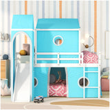Garvee Full Size Loft Bed with Slide, Tent, and Tower - Solid Pine Wood Kids and Teens Bedroom Furniture, 93.8"L x 41.9"W x 74.8"H, Natural Wood Color - Blue