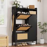 Garvee Mobile Shoe Cabinet Rattan Natural 3 Flip Drawers 4 Open Side Shelves MDF Metal Handles Entryway Storage - P Black Cabinet Body Upgraded Version