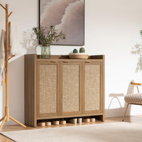 Garvee Boho 47" Rattan Shoe Storage Cabinet with 3 Doors and Adjustable Shelves for Hallway Living Room, Dark Oak