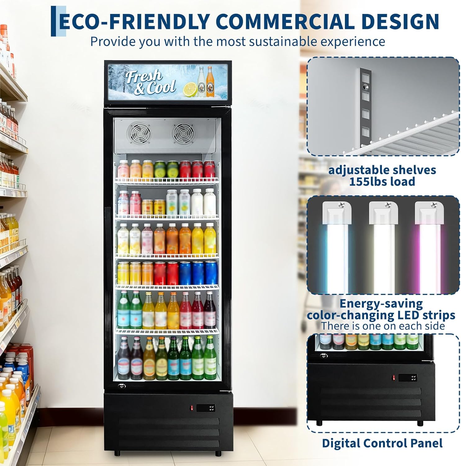 GARVEE 19.1 Cu.ft Commercial Beverage Cooler with RGB LED Lights & Remote - 280-Can Glass Door Display Fridge, Air-Cooled Frost-Free with Top Light Box for Bar Restaurant Store（Black）