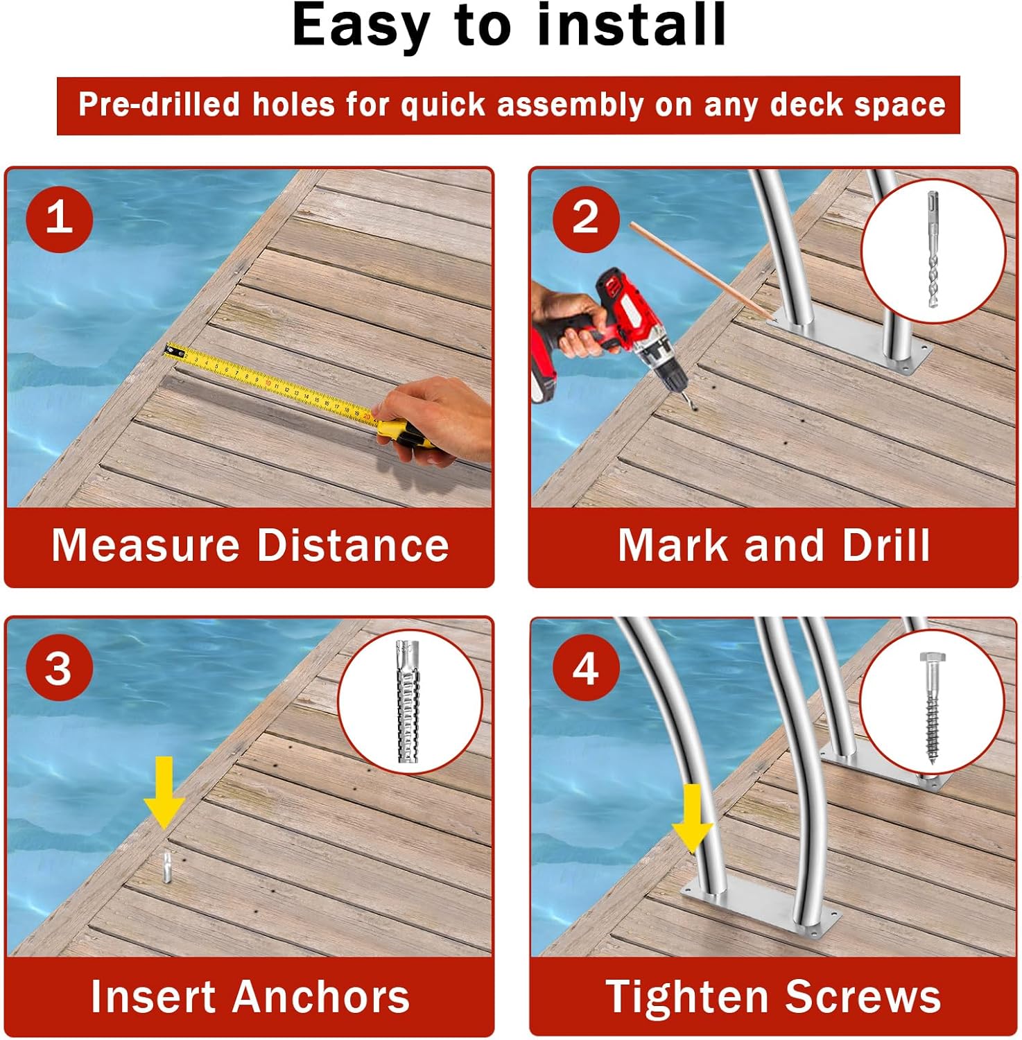 Garvee 2-Pack 30"x30" Stainless Steel Pool Handrails for Inground Pools - 375 lbs Load Capacity, Blue Grip Covers, Quick Mount Base Plates