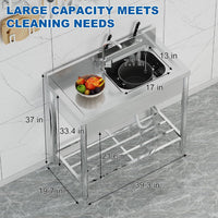 Utility Stainless Steel Kitchen Single Sink Set with Hot and Cold Water Pipes, Workbench & Storage Rack for Restaurants, Kitchens, Garages, Laundry Rooms, Farms, Outdoor