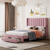 Garvee Queen Size Bed Frame with Storage Drawer Velvet Upholstered Headboard Platform Bed No Box Spring Needed Sturdy Queen Bed