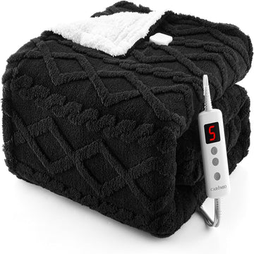 Garvee Heated Throw Blanket Sherpa Electric 10 Heat Levels 10 Timer Settings Thick Tufted Jacquard Machine Washable 50x60 Black Cozy Home