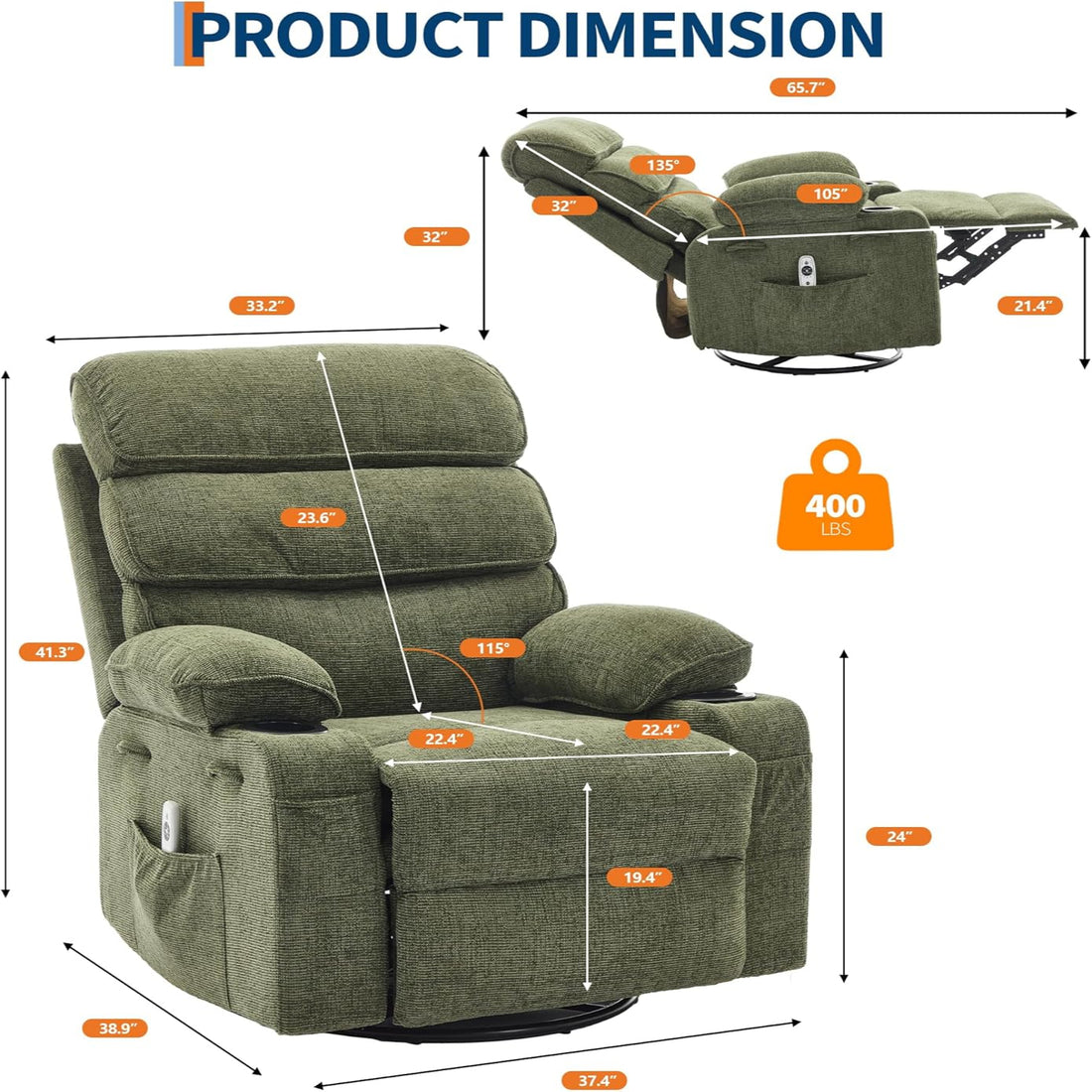 Garvee Massage Rocker Recliner with Heating, 360° Swivel Glider Recliner Chairs for Adults, Linen Nursery Chair with Side Pocket, Two Cup Holders, Green