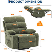 Garvee Massage Rocker Recliner with Heating, 360° Swivel Glider Recliner Chairs for Adults, Linen Nursery Chair with Side Pocket, Two Cup Holders, Green