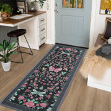 Garvee 2x6 Modern Floral Runner Machine Washable Non-Slip Low Pile Indoor Waterproof Area Rug Black for Kitchen Entryway Bathroom Laundry Dorm - Black