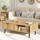 Garvee Center Table Fluted Coffee Table with Drawer 42.5" Mid Century Modern Center Table with Storage Living Room Table with Open Shelf Rectangle Coffee Table Metal Frame Easy Assembly