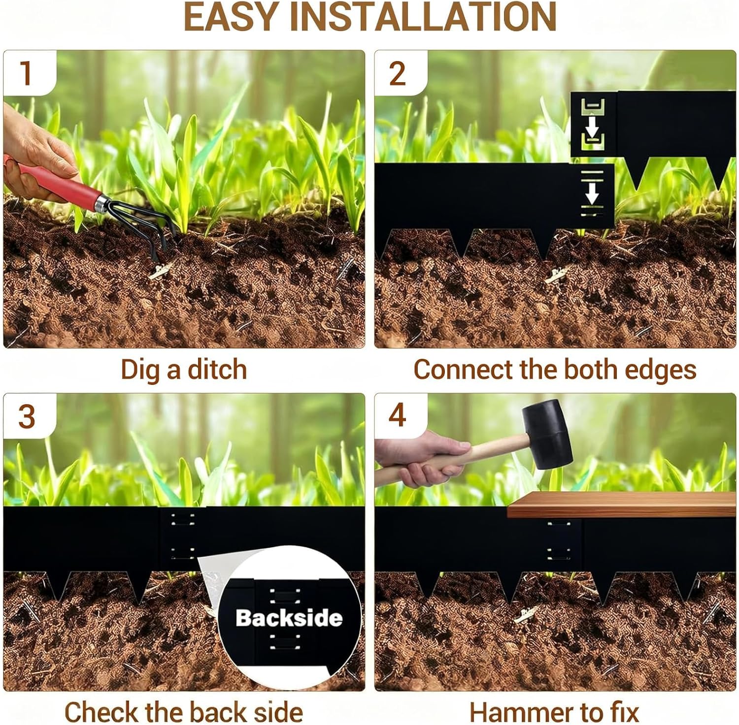 Garvee Metal Garden Edging 40" x 8" (6 Pack) – Bendable Heavy-Duty Galvanized Steel Landscape Border with Hammer-In Stakes, Rustproof for Lawn, Flower Beds & Pathways