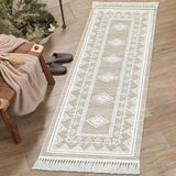 Garvee Boho Washable Runner Rug, Non-Slip Moroccan Tribal Carpet with Tassels, Stain-Resistant Farmhouse Geometric Floor Cover, Taupe - Tan & Ivory