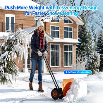 Garvee 29"W X 19"H Snow Pusher Shovel with Wheels - Heavy Duty Steel, 5-Position Adjustable Blade, Ergonomic Handle, Anti-Skid Wheels, Powder-Coated, Orange, for Driveway & Sidewalk