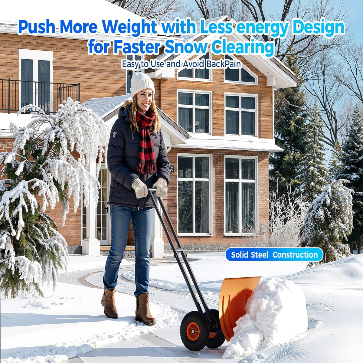 Garvee 29" Snow Pusher Shovel with Wheels - Heavy Duty Steel, 5-Position Adjustable Blade, Ergonomic Handle, Anti-Skid Wheels, Powder-Coated, Orange, for Driveway & Sidewalk