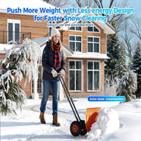 Garvee 29" Snow Pusher Shovel with Wheels - Heavy Duty Steel, 5-Position Adjustable Blade, Ergonomic Handle, Anti-Skid Wheels, Powder-Coated, Orange, for Driveway & Sidewalk