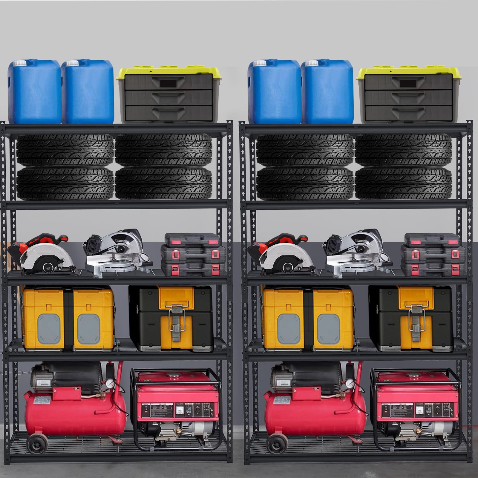 GARVEE garage storage rack loaded with tools tires bins and heavy equipment