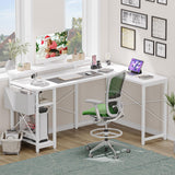Garvee L Shaped Gaming Desk with Power Outlet & LED Light, 54 Inch Reversible Modern Corner Desk, Adjustable Shelves, Ergonomic Design, Suitable for Home Office & Small Spaces (White) - White