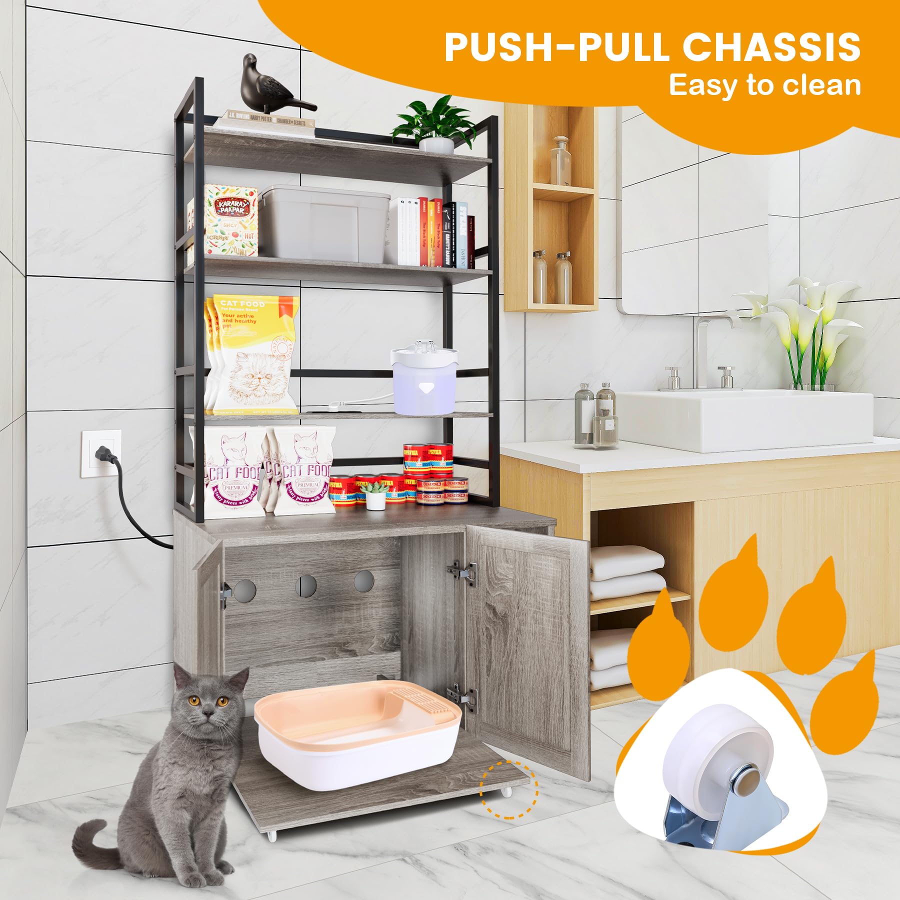 Cat Litter Box Enclosure, Hidden Cat Litter Box Furniture, Large Double Door Cat House with 3 Shelves and Charging Station, Push-Pull Mobile Chassis