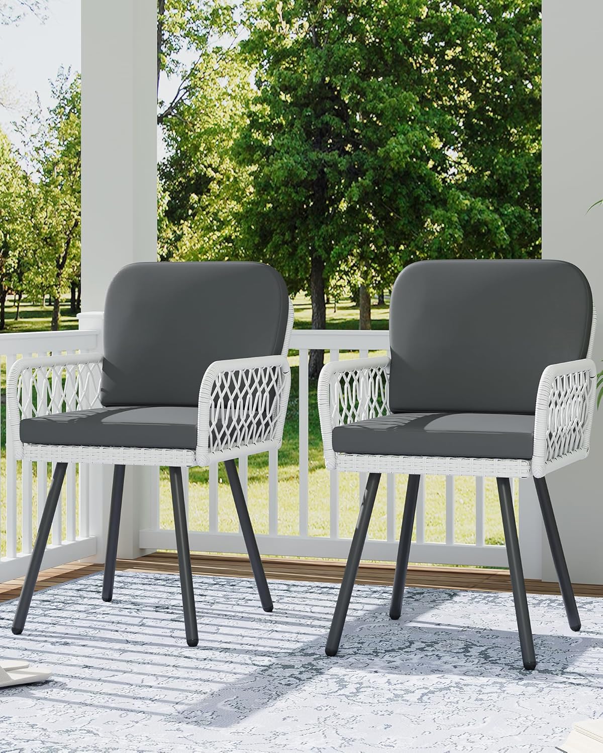 Garvee Patio Dining Chairs Set of 2 With Black Metal Frame & White Hand-Woven Rattan, Porch Armchairs With Cushion for Indoor, Garden, Balcony, Deck, Backyard