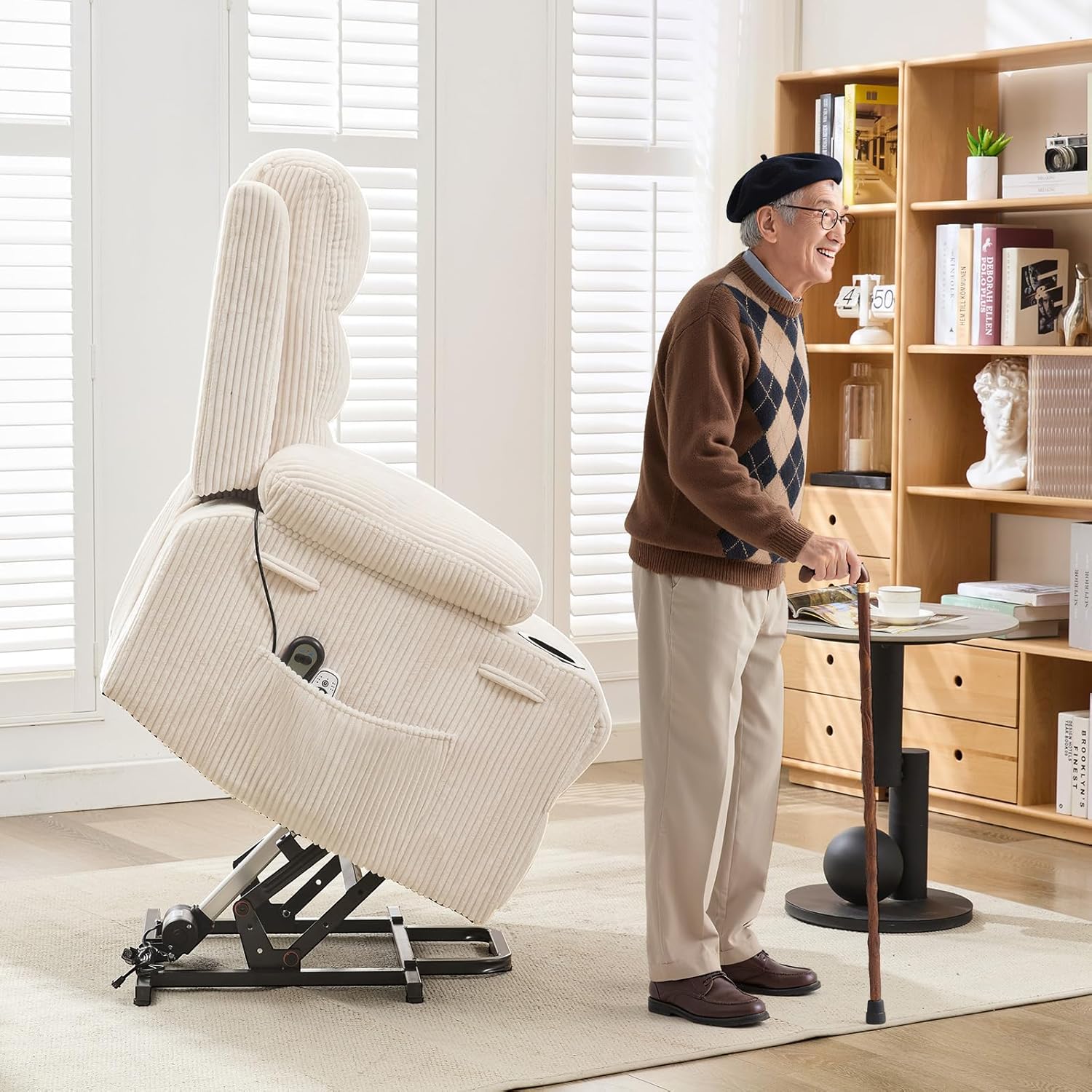 Garvee Power Lift Recliner Chair for Elderly, Oversized Electric Lift Chair with Heat and Massage, Corduroy Adjustable Recliner with Cup Holders & Side Pocket for Living Room, Corduroy Beige