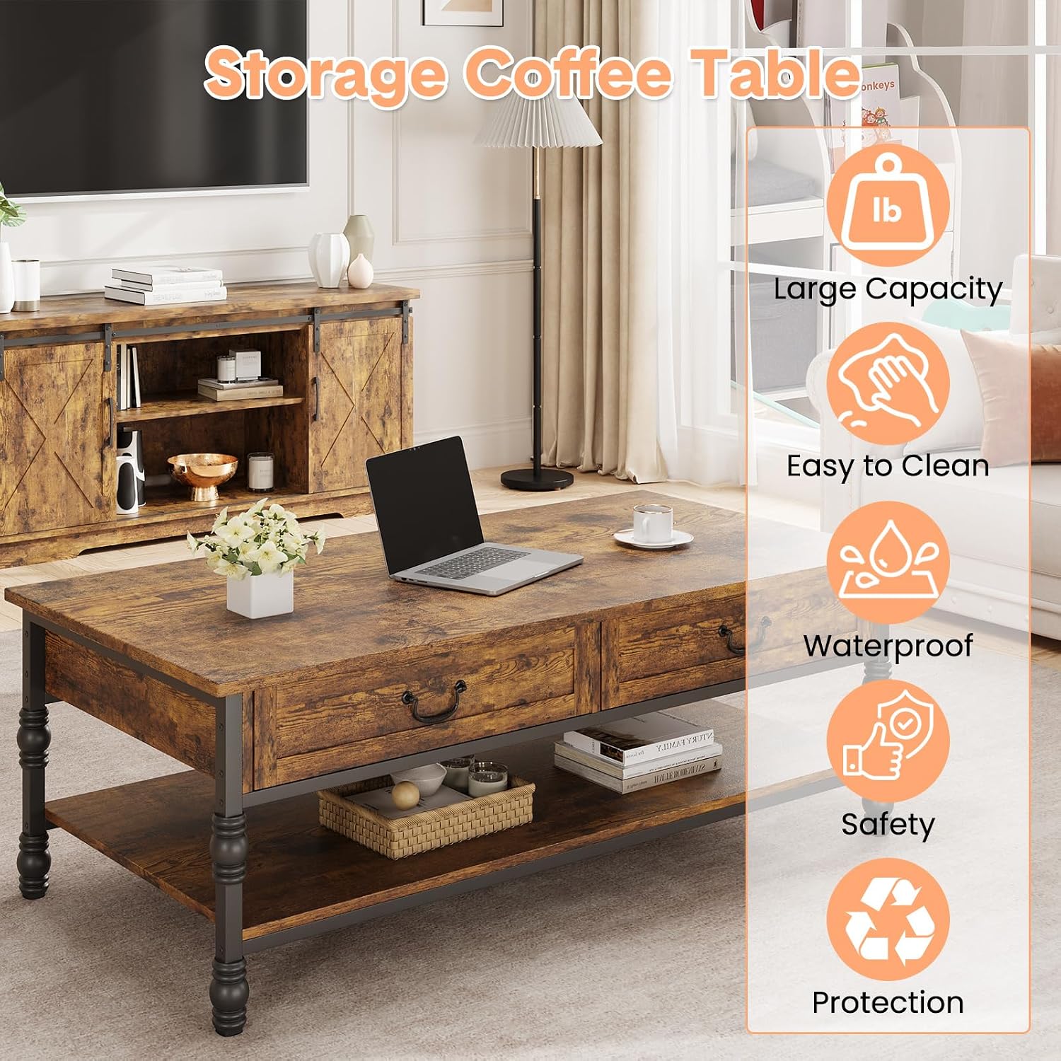 Garvee Vintage Farmhouse Coffee Table with Drawers, 2 Tier Small Wood Coffee Table for Living Room, Rectangular MDF Storage Table with Shelf, Rustic Modern Center Table